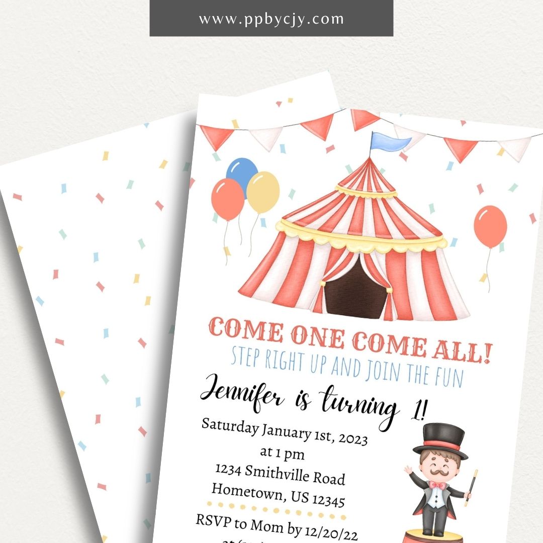 Circus Carnival Invitation Printable Template – Editable digital download for a fun-filled party or celebration.