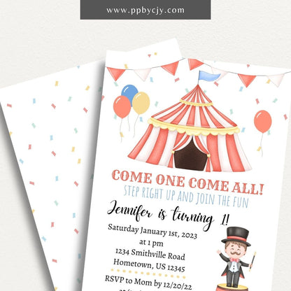 Circus Carnival Invitation Printable Template – Editable digital download for a fun-filled party or celebration.