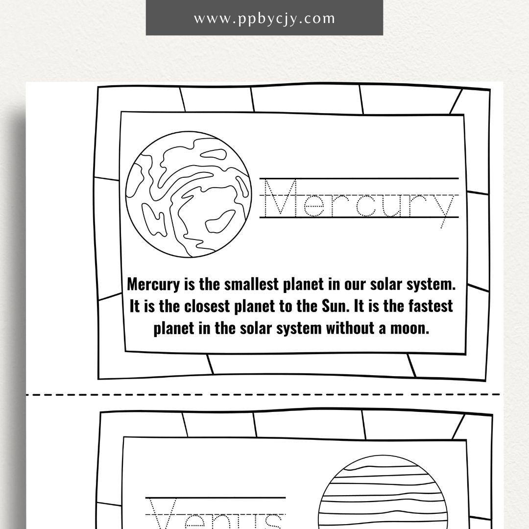 Solar System Staple Book Printable Template – Digital download for creating a staple-bound book with educational content and illustrations about the solar system