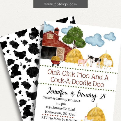 Farm Barnyard Invitation Printable Template – Editable digital download for a rustic farm-themed party.