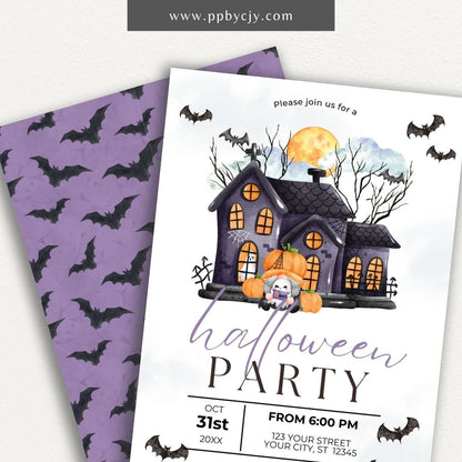 Halloween Invitation with Cute Haunted House – Printable spooky fun party invite.