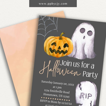 Halloween Invitation with Ghost and Pumpkin – Printable spooky fun party invite.