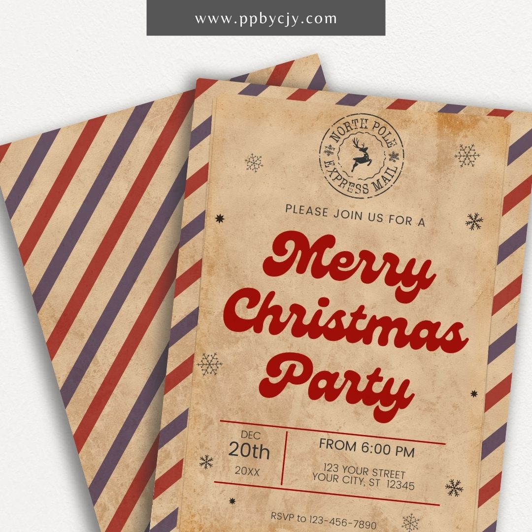 North Pole Express Christmas Invitation – Santa's Workshop Party Printable Template with a festive train design.