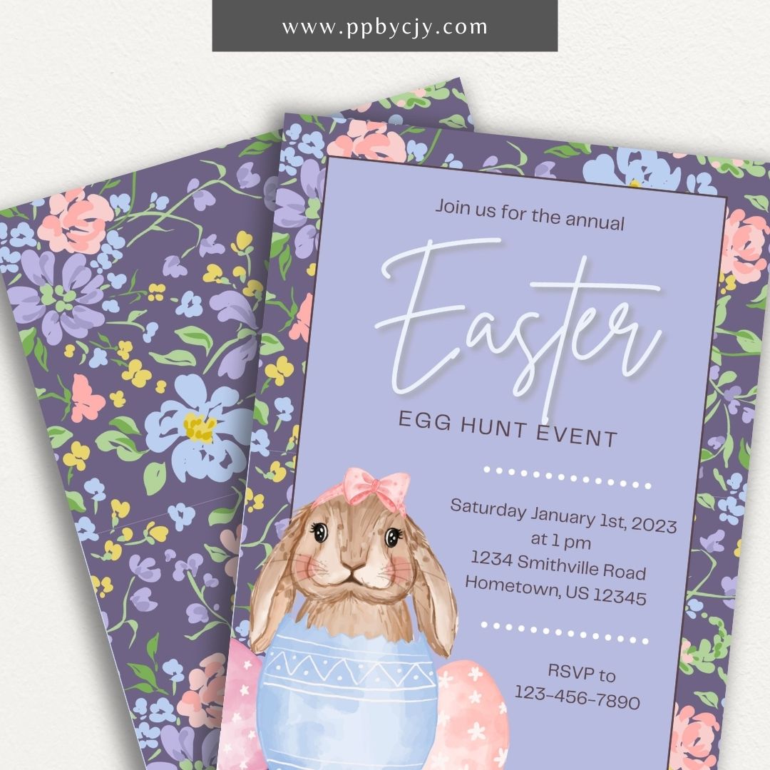 Easter Invitation with Bunny & Purple Flowers – Printable floral party invite for spring celebrations.