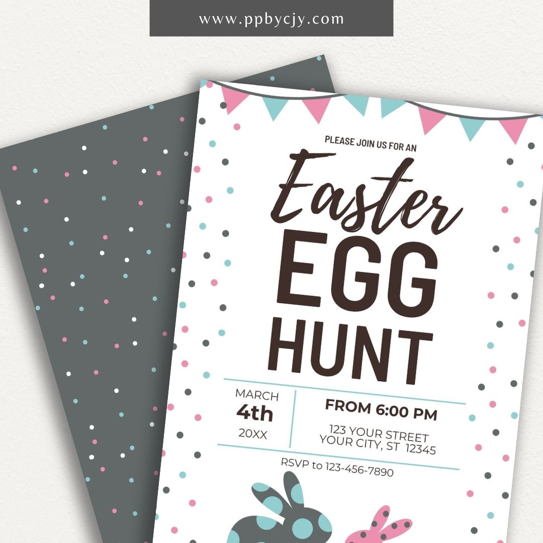 Easter Invitation with Bunnies & Polka Dots – Printable festive party invite for Easter celebrations.