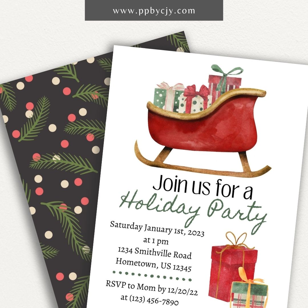 Sleigh Ride Christmas Invitation – Festive printable holiday invitation with sleigh and snow design.