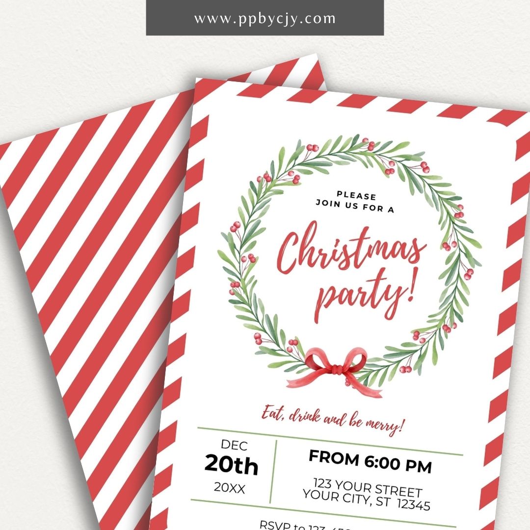 Christmas Wreath Invitation – Elegant printable holiday invitation with wreath design featuring pinecones and ribbons.