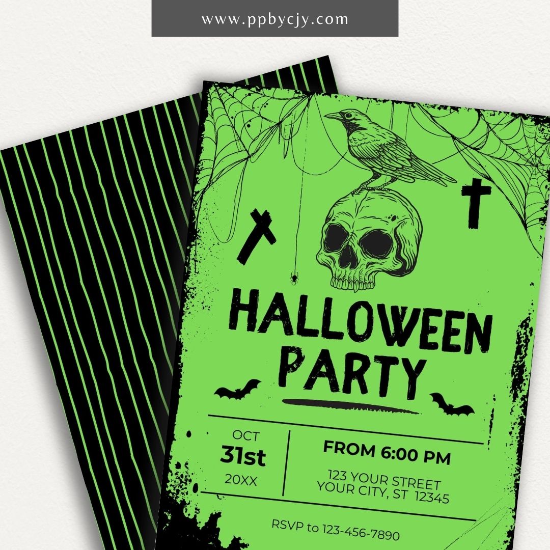 Halloween Invitation with Neon Green Background and Skull Design – Printable spooky invite.