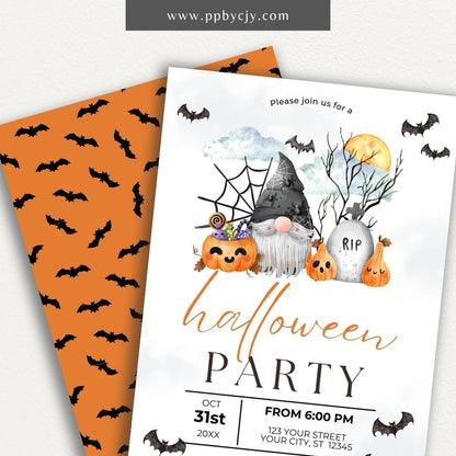 Halloween Invitation with Gnome & Bats – Printable spooky party invite for Halloween celebration.