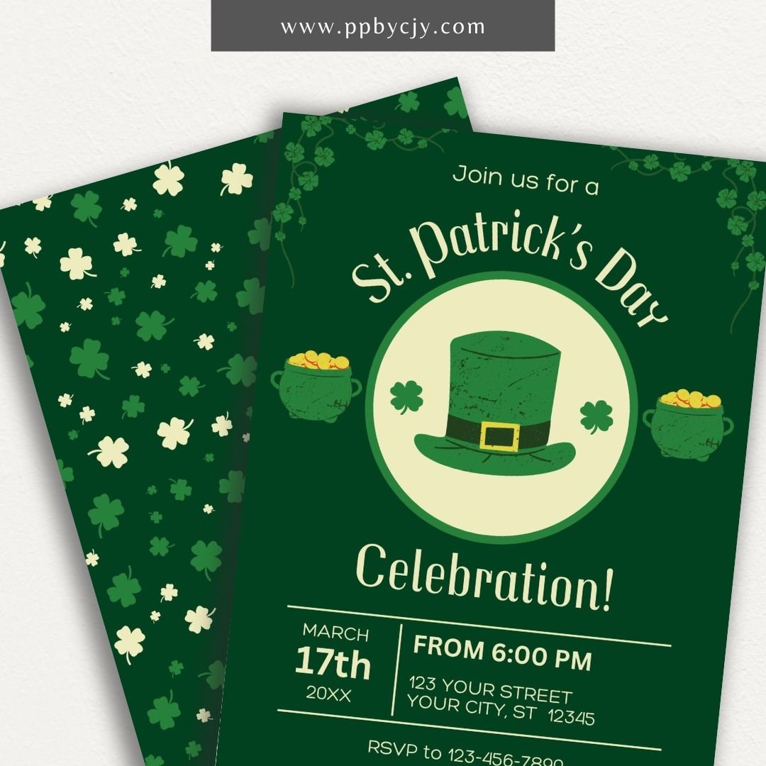 St. Patrick’s Day Invitation – Printable festive invitation with shamrocks and a four-leaf clover design.