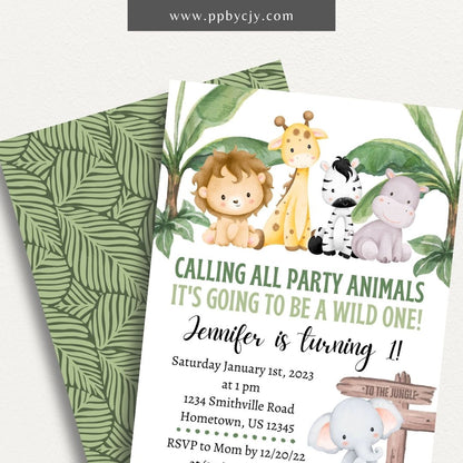 Safari Jungle Animal Invitation Printable Template – Editable digital download for a wild animal-themed party.