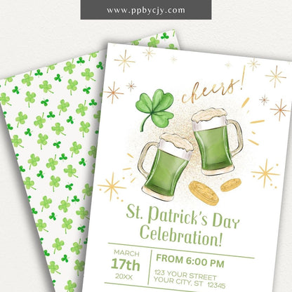 St. Patrick’s Day Invitation – Printable invite featuring green shamrocks and gold accents.