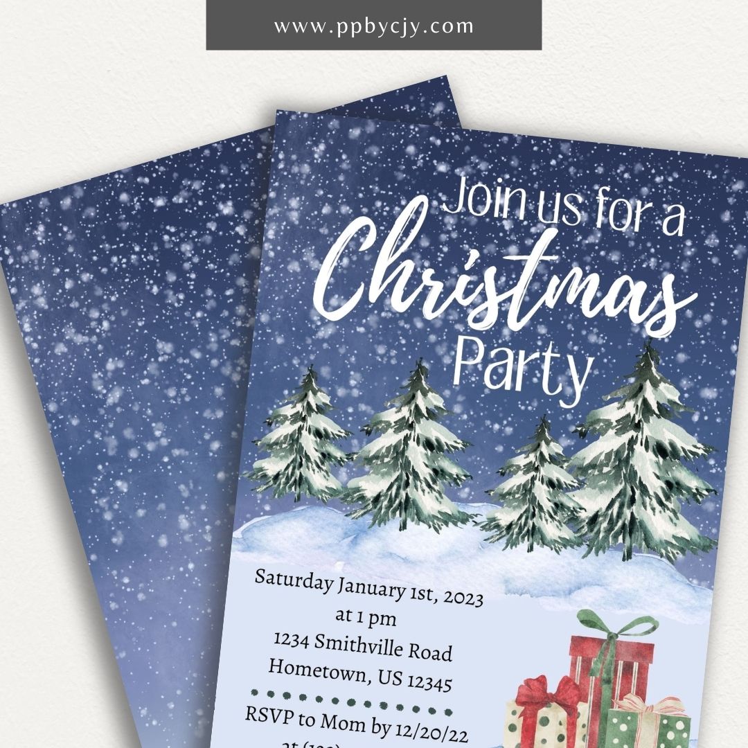 Winter Snow Christmas Invitation – Elegant printable holiday invitation featuring a winter snowflakes theme.