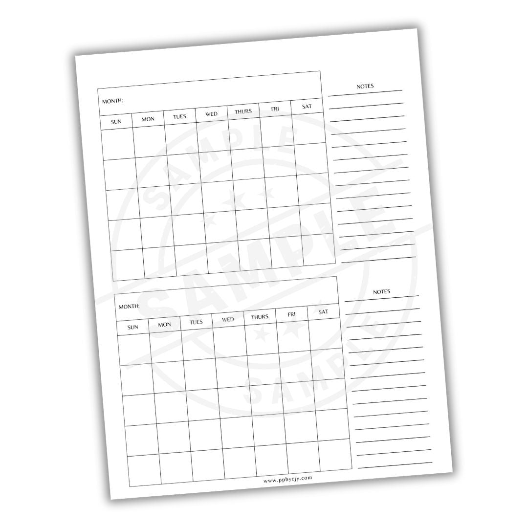 Two blank calendar sheets with grid layout on a white background