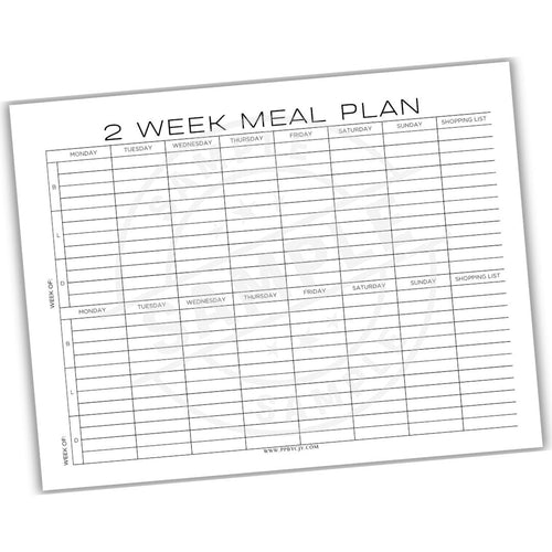 2-week meal plan template with days of the week and space for meals.