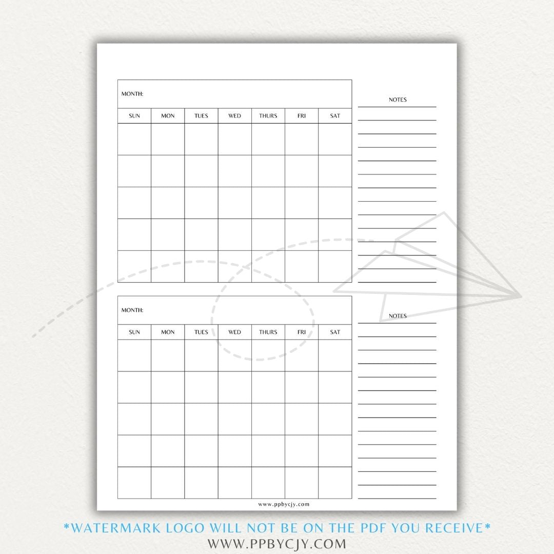 Minimalist 2-Month Calendar Printable Template showing two months on a single page for planning and scheduling.
