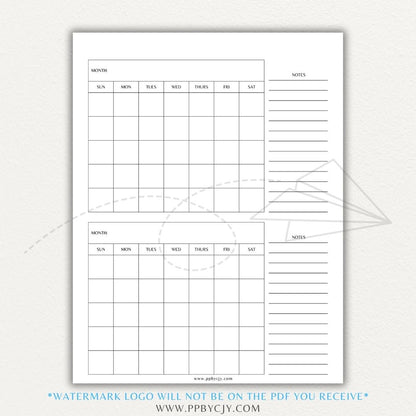 Minimalist 2-Month Calendar Printable Template showing two months on a single page for planning and scheduling.
