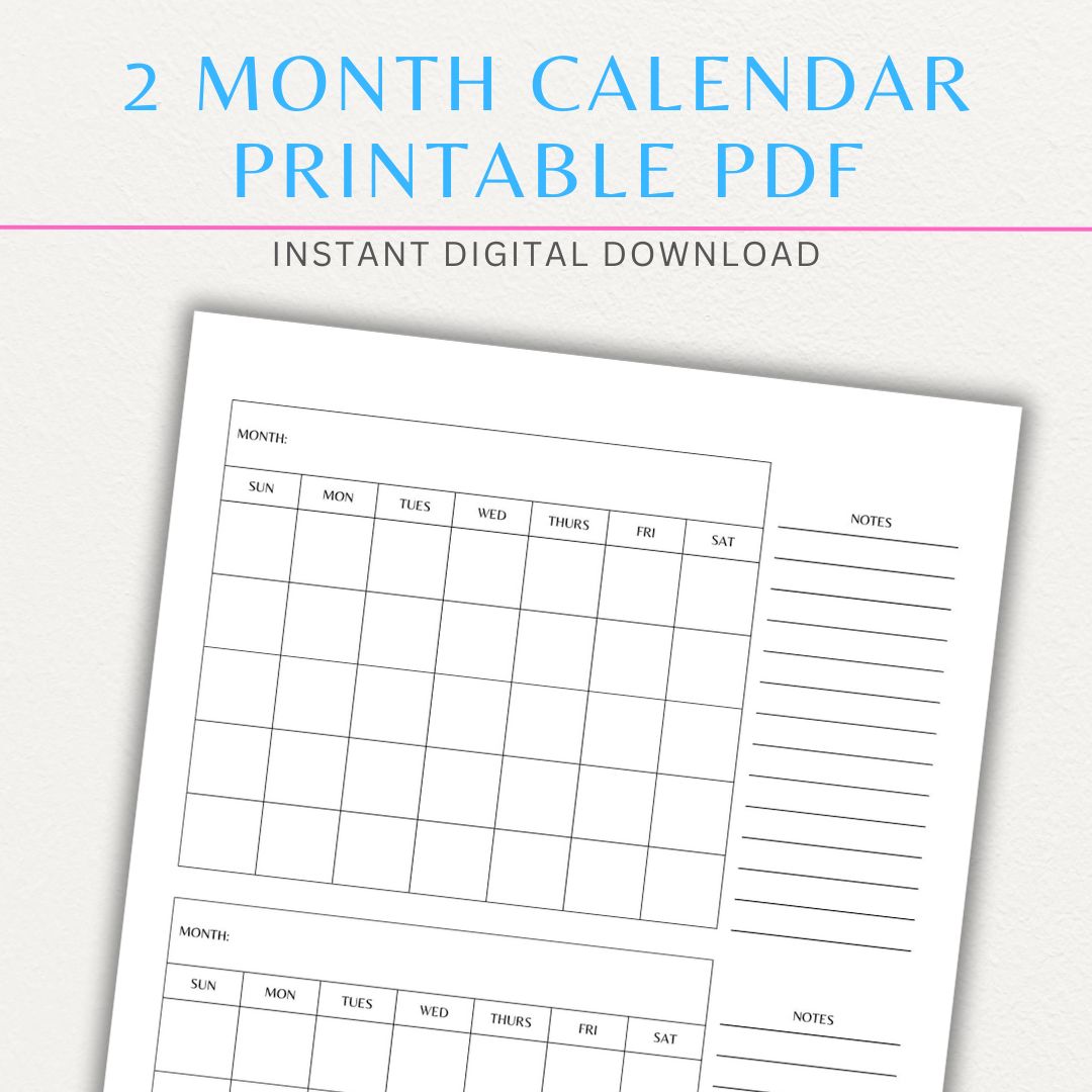 Minimalist 2-Month Calendar Printable Template showing two months on a single page for planning and scheduling.
