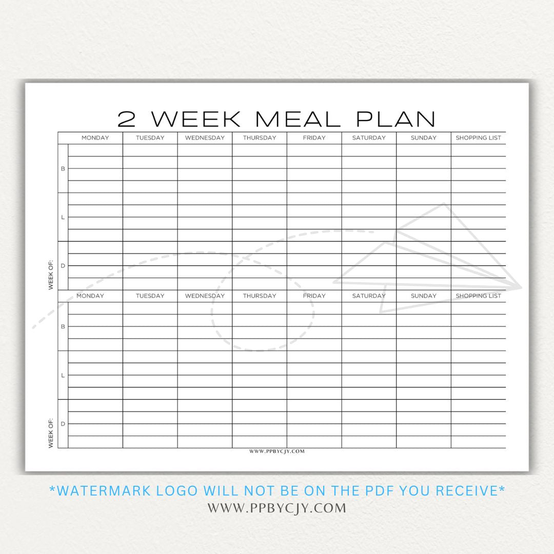 2-Week Meal Plan Printable PDF Template with sections for breakfast, lunch, and dinner.