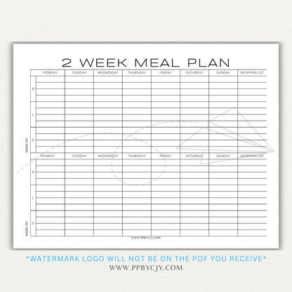 2-Week Meal Plan Printable PDF Template with sections for breakfast, lunch, and dinner.