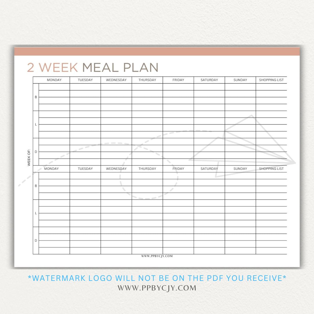 2-Week Meal Plan Printable PDF Template with sections for breakfast, lunch, and dinner.