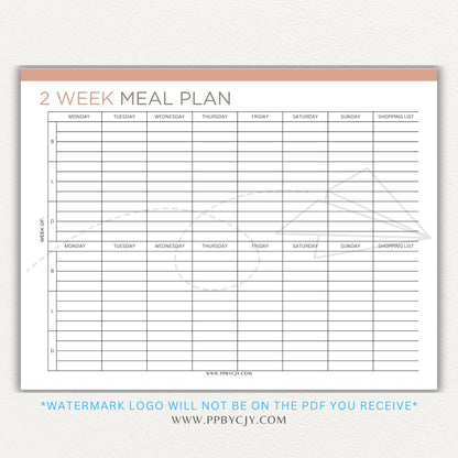 2-Week Meal Plan Printable PDF Template with sections for breakfast, lunch, and dinner.