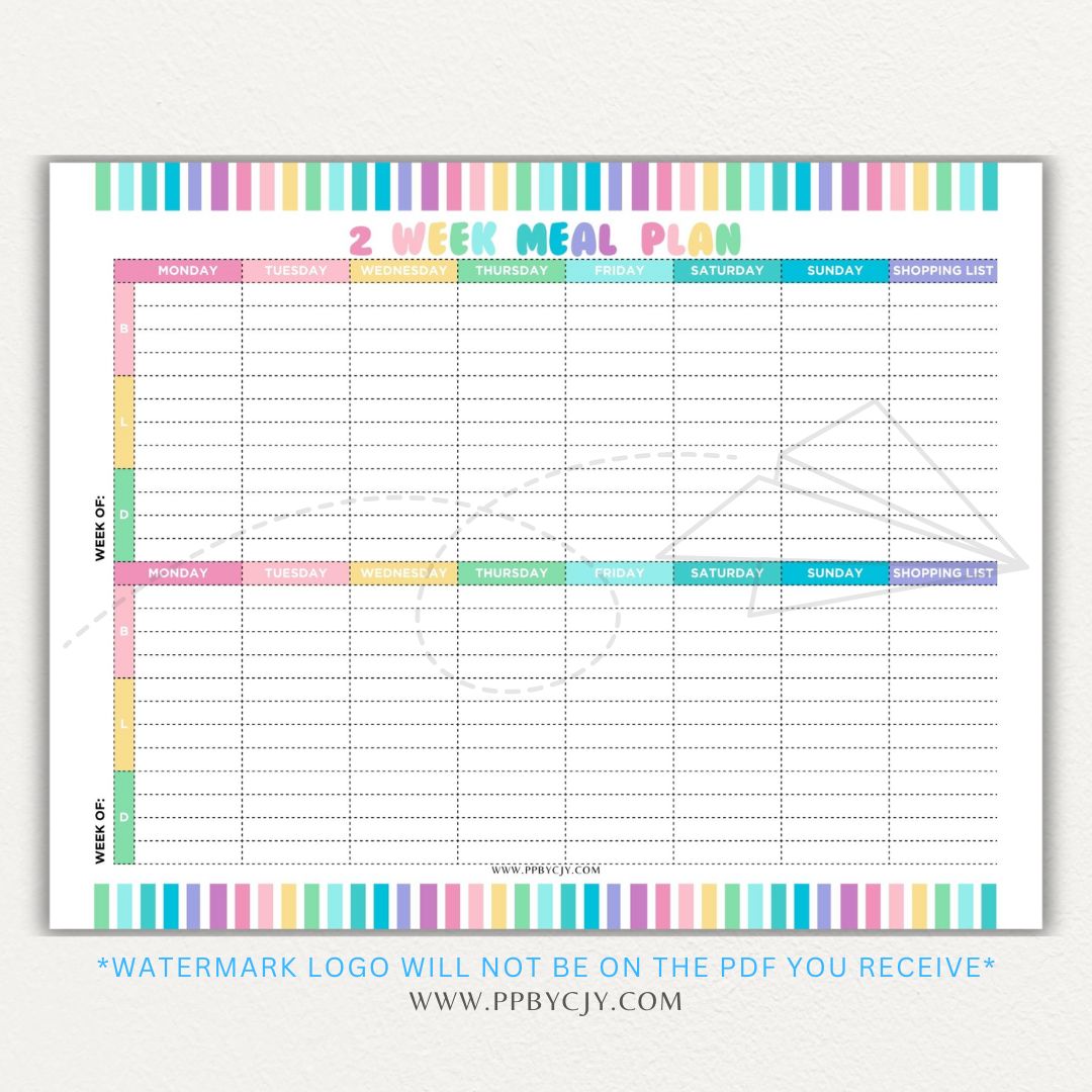 2-Week Meal Plan Printable PDF Template with sections for breakfast, lunch, and dinner.