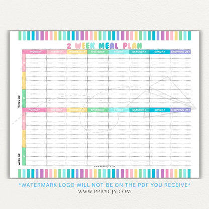 2-Week Meal Plan Printable PDF Template with sections for breakfast, lunch, and dinner.