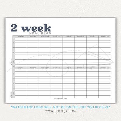 2-Week Meal Plan Printable PDF Template with sections for breakfast, lunch, and dinner.