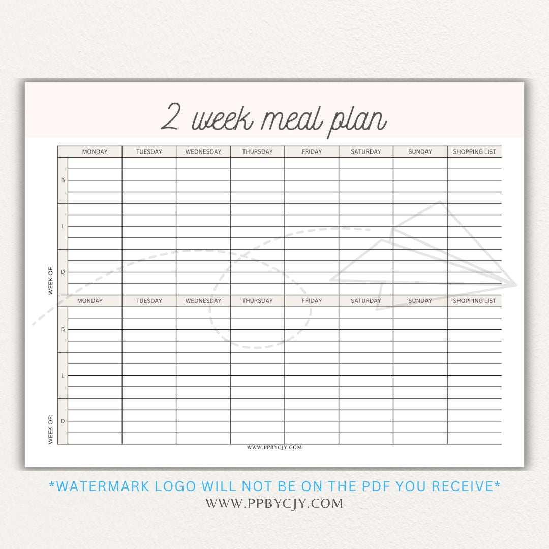 2-Week Meal Plan Printable PDF Template with sections for breakfast, lunch, and dinner.