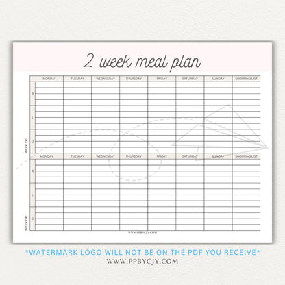 2-Week Meal Plan Printable PDF Template with sections for breakfast, lunch, and dinner.