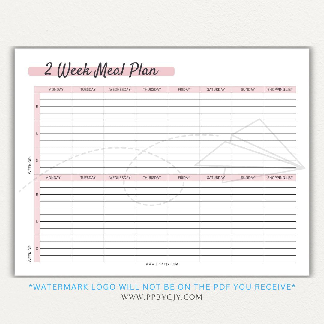 2-Week Meal Plan Printable PDF Template with sections for breakfast, lunch, and dinner.