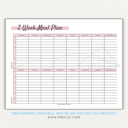 2-Week Meal Plan Printable PDF Template with sections for breakfast, lunch, and dinner.