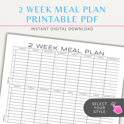 2-Week Meal Plan Printable PDF Template with sections for breakfast, lunch, and dinner.