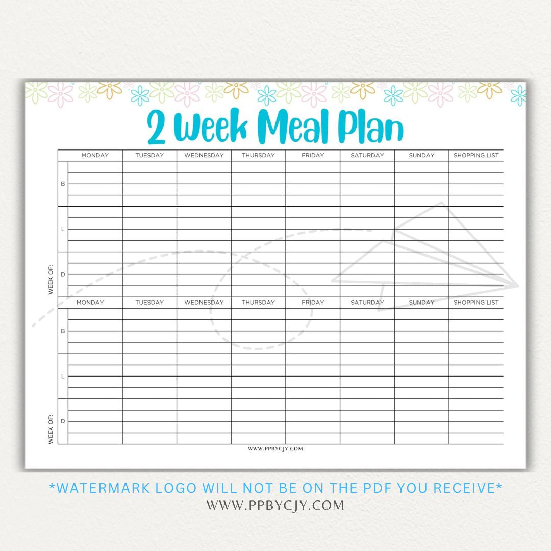 2-Week Meal Plan Printable PDF Template with sections for breakfast, lunch, and dinner.