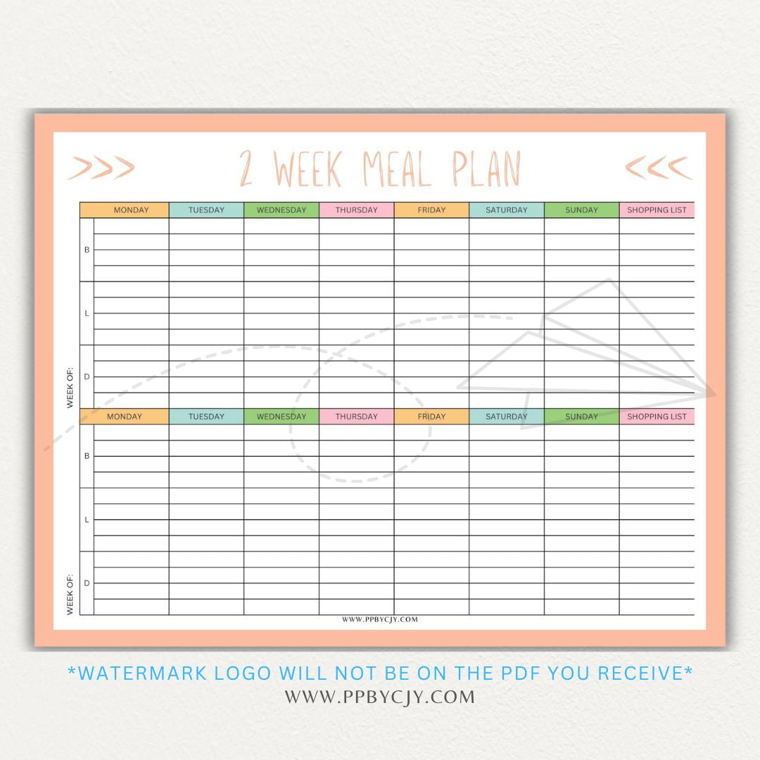 2-Week Meal Plan Printable PDF Template with sections for breakfast, lunch, and dinner.