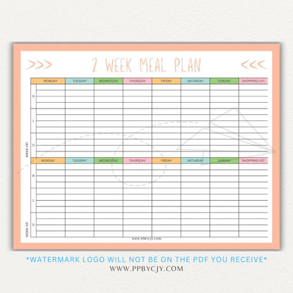 2-Week Meal Plan Printable PDF Template with sections for breakfast, lunch, and dinner.