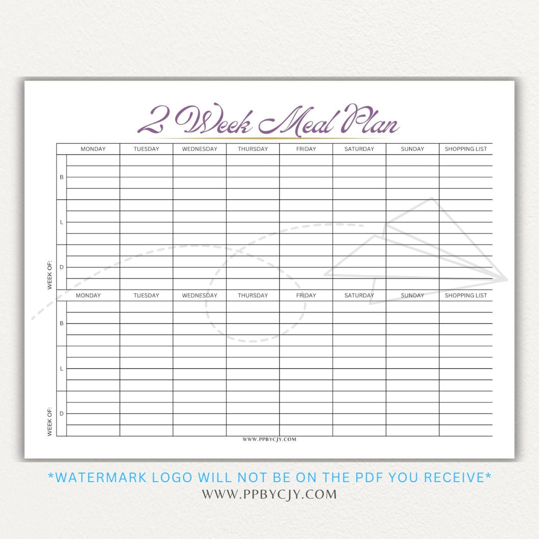 2-Week Meal Plan Printable PDF Template with sections for breakfast, lunch, and dinner.