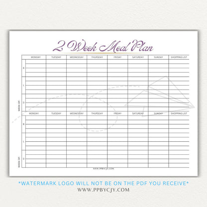 2-Week Meal Plan Printable PDF Template with sections for breakfast, lunch, and dinner.