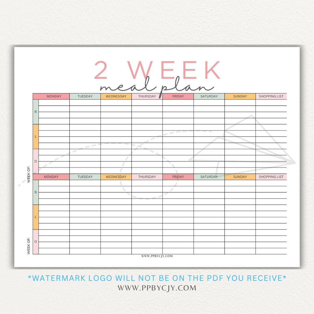 2-Week Meal Plan Printable PDF Template with sections for breakfast, lunch, and dinner.