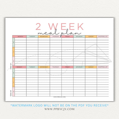 2-Week Meal Plan Printable PDF Template with sections for breakfast, lunch, and dinner.