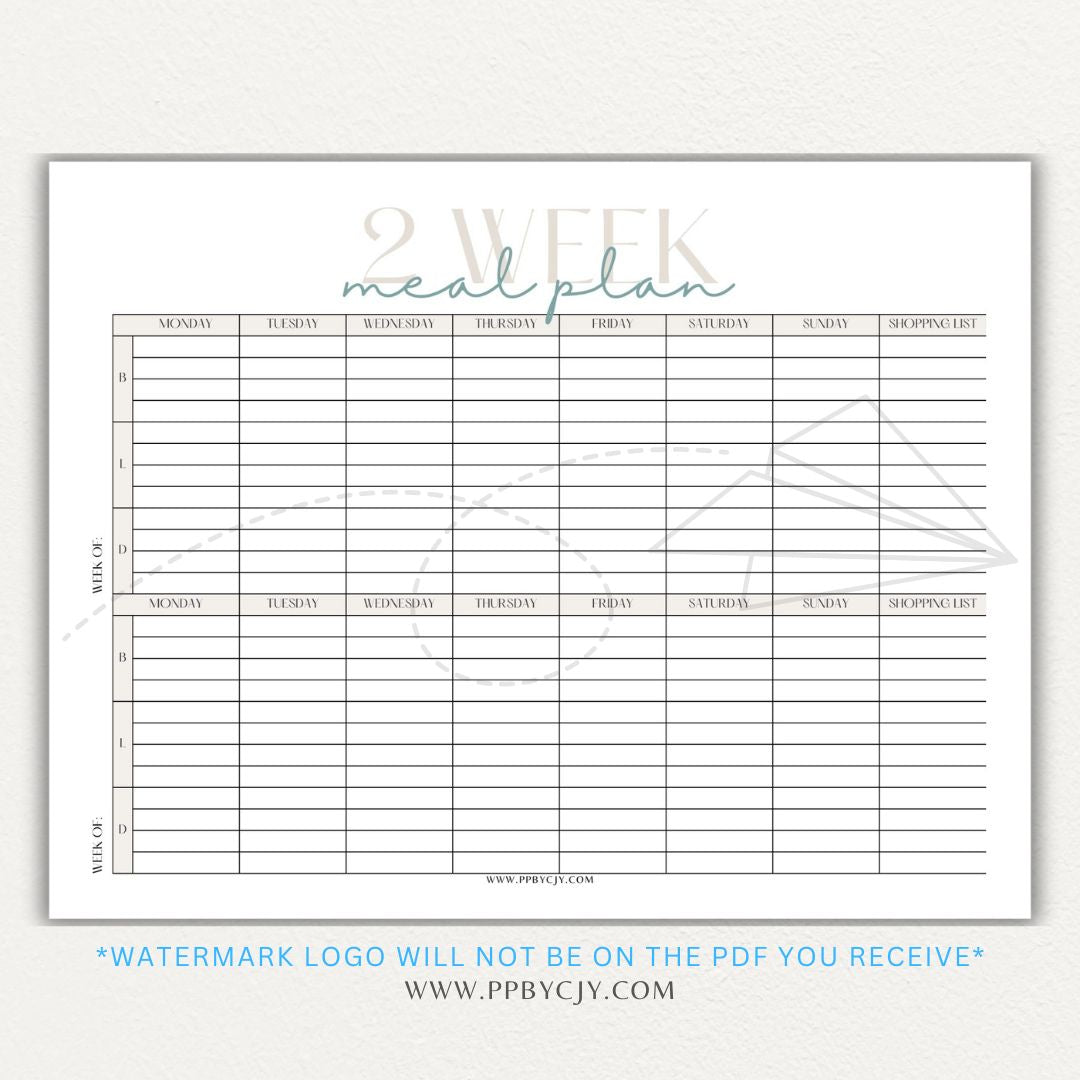 2-Week Meal Plan Printable PDF Template with sections for breakfast, lunch, and dinner.