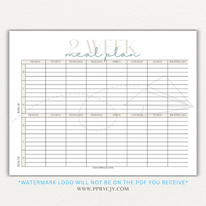 2-Week Meal Plan Printable PDF Template with sections for breakfast, lunch, and dinner.