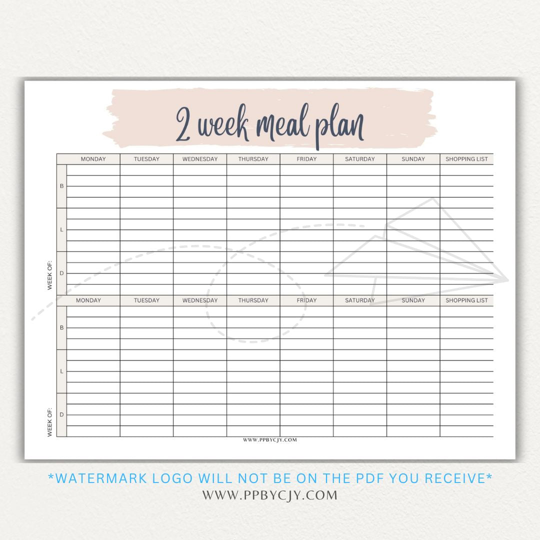 2-Week Meal Plan Printable PDF Template with sections for breakfast, lunch, and dinner.