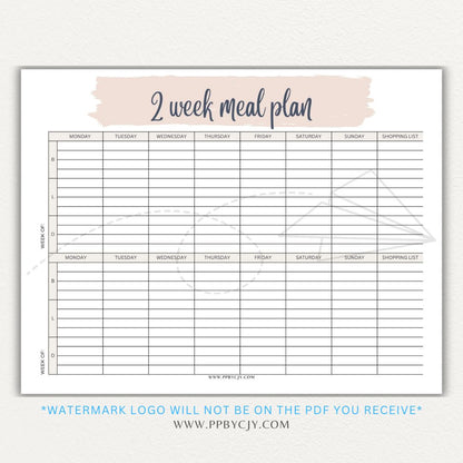 2-Week Meal Plan Printable PDF Template with sections for breakfast, lunch, and dinner.