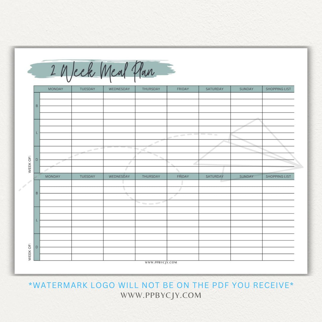 2-Week Meal Plan Printable PDF Template with sections for breakfast, lunch, and dinner.