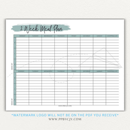 2-Week Meal Plan Printable PDF Template with sections for breakfast, lunch, and dinner.