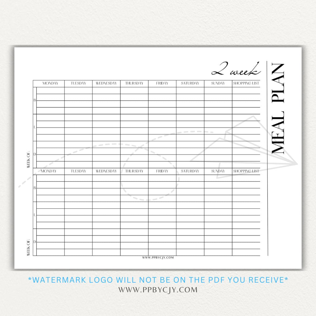 2-Week Meal Plan Printable PDF Template with sections for breakfast, lunch, and dinner.