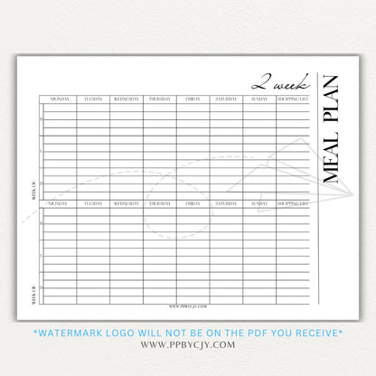 2-Week Meal Plan Printable PDF Template with sections for breakfast, lunch, and dinner.