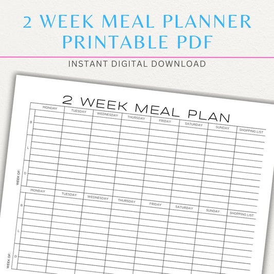 2-Week Meal Plan Printable PDF Template with sections for breakfast, lunch, and dinner.